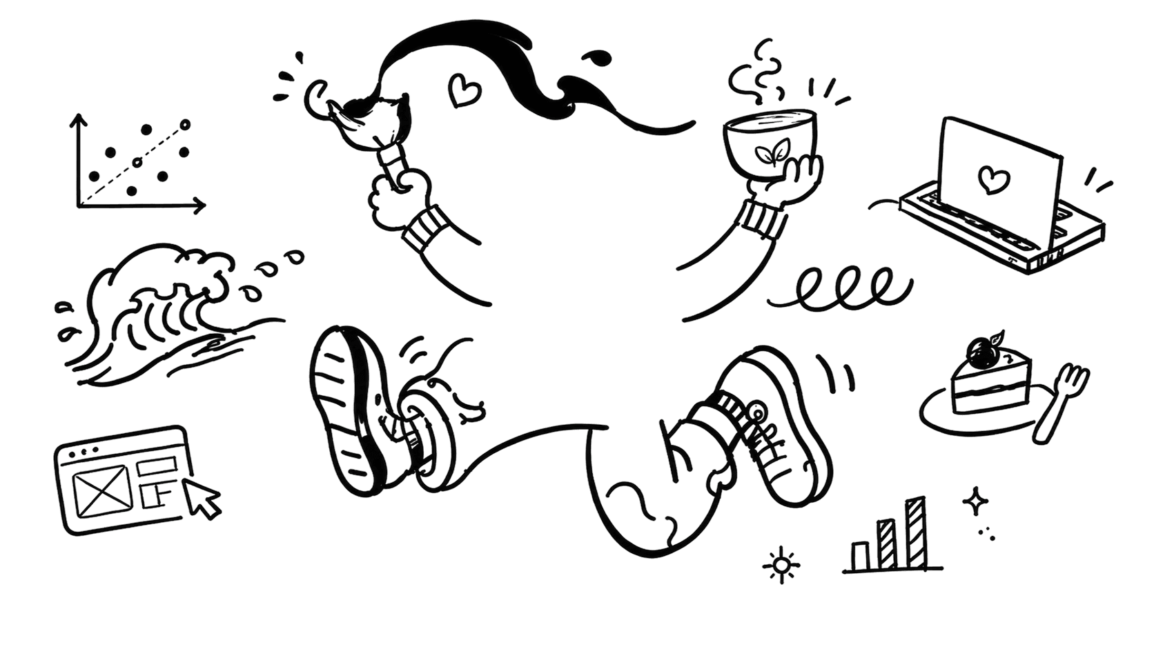 Black line illustration of Rebecca surrounded by design, data, and digital experience sketches.