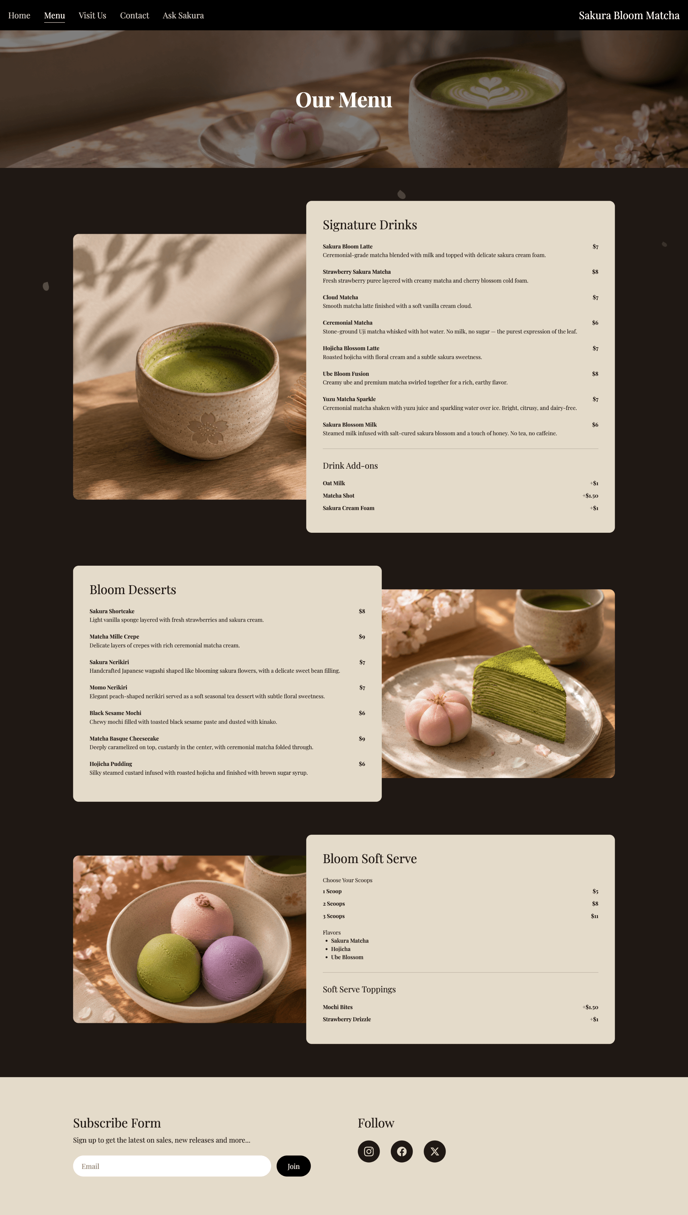 Top of the Sakura Matcha menu page