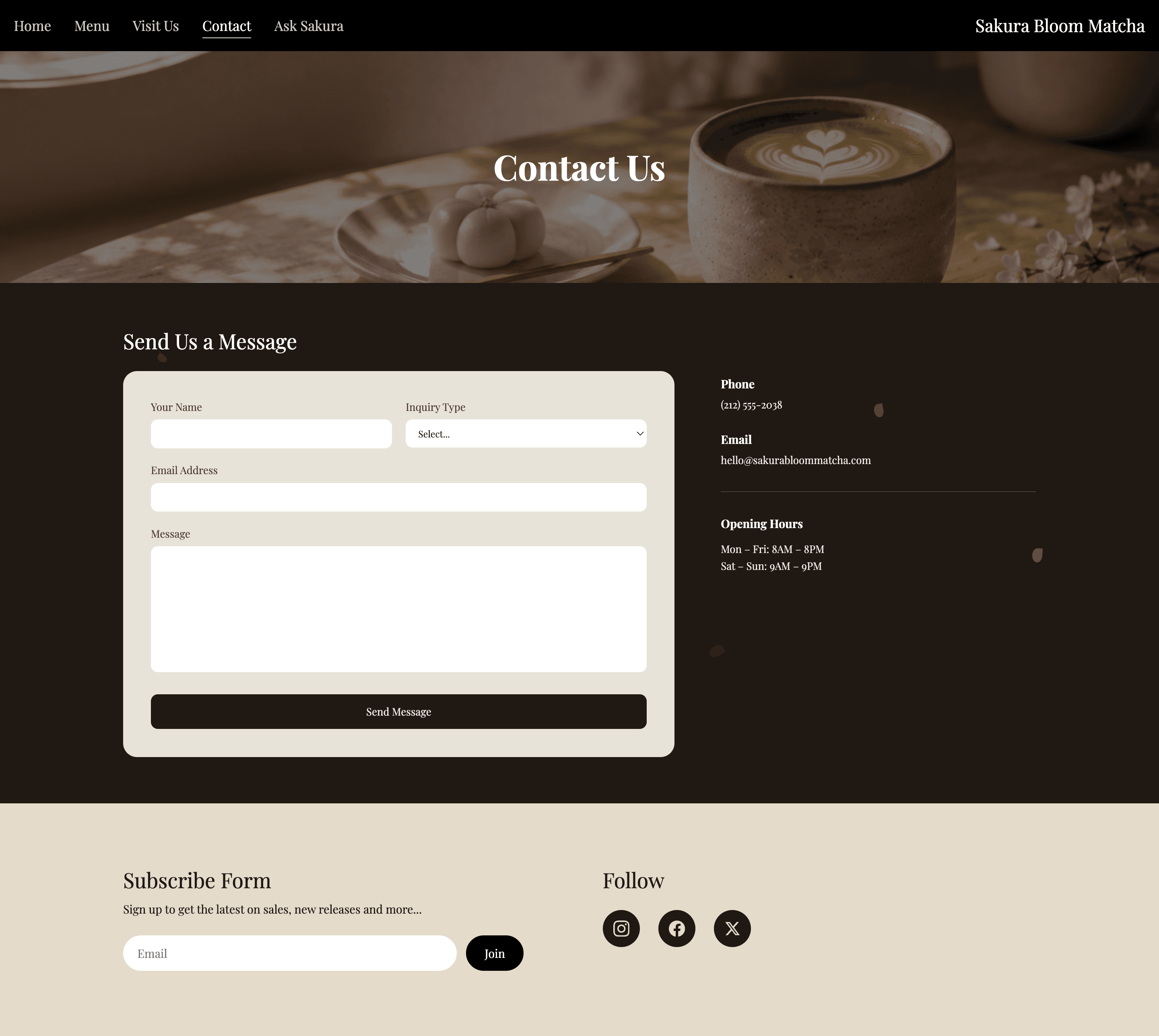 The Contact page with a message form and café details