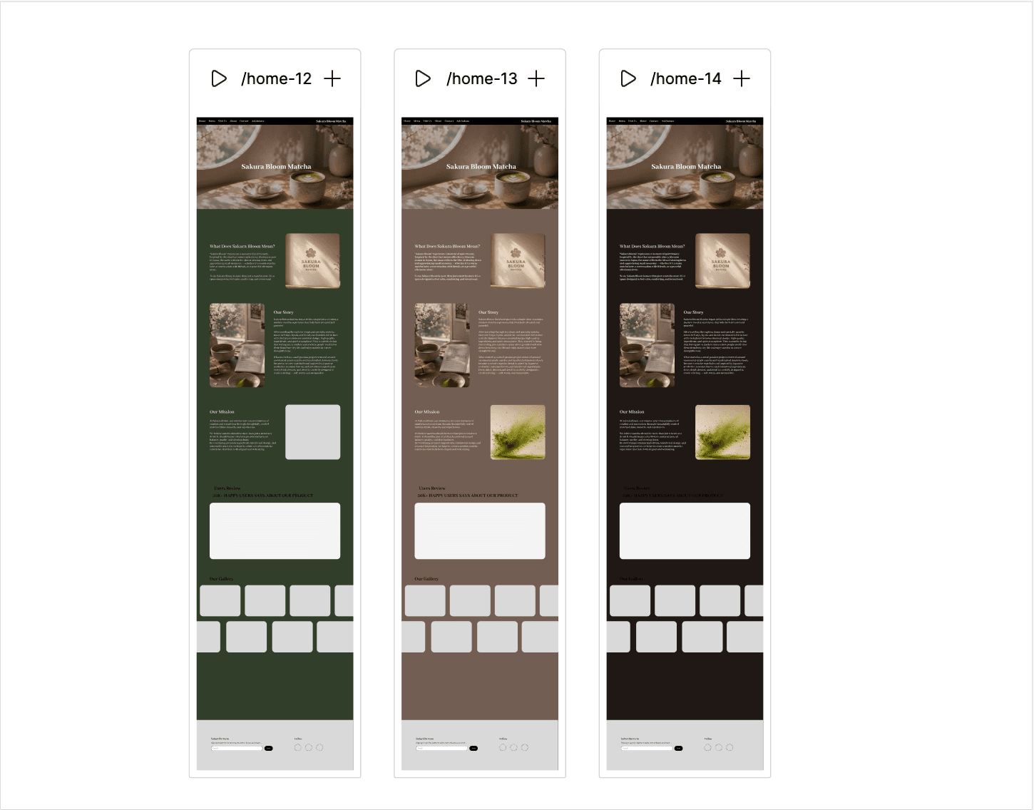 Three homepage variations tested with different background colors