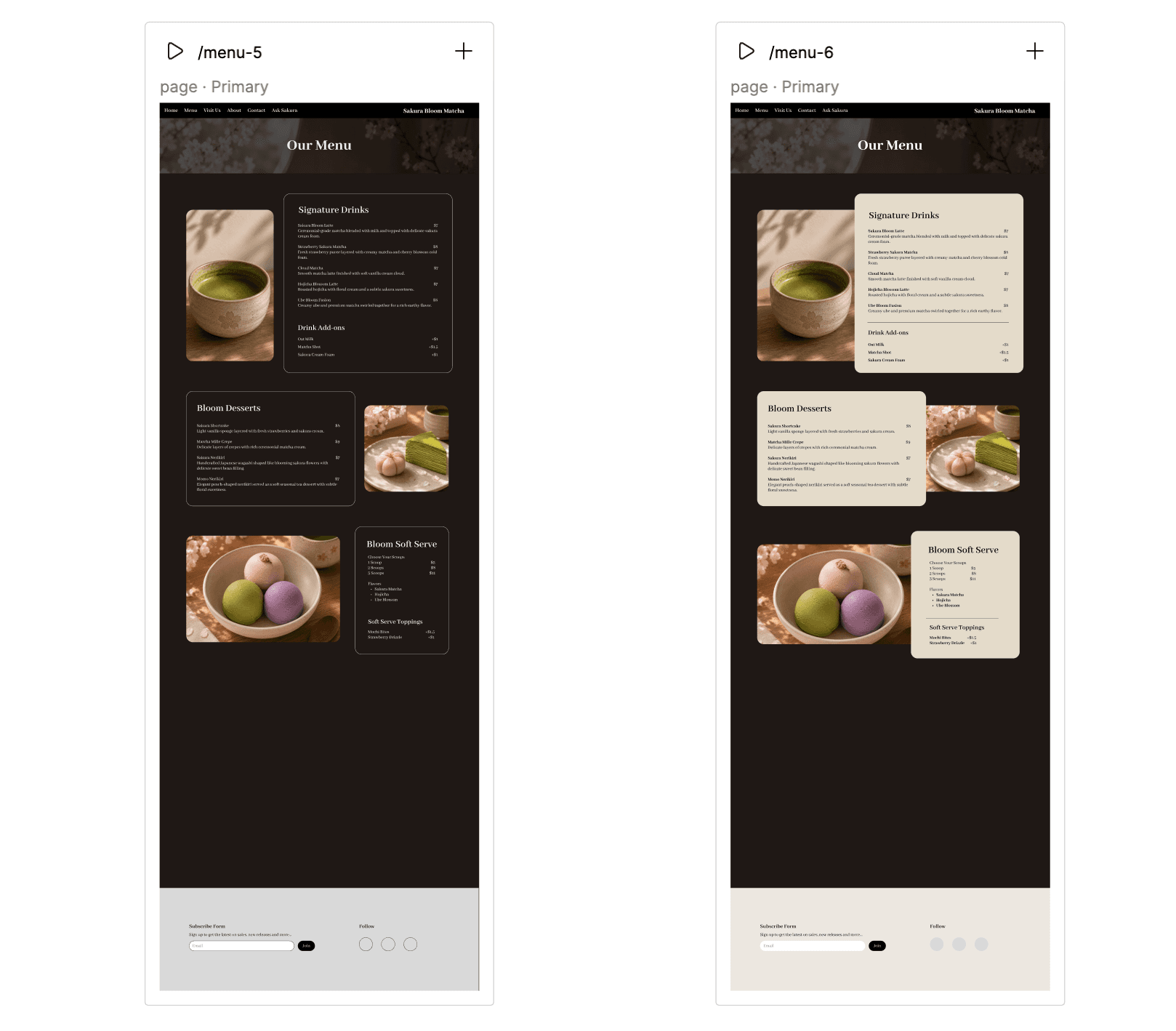 Dark brand-led menu layout compared with a more readable menu layout