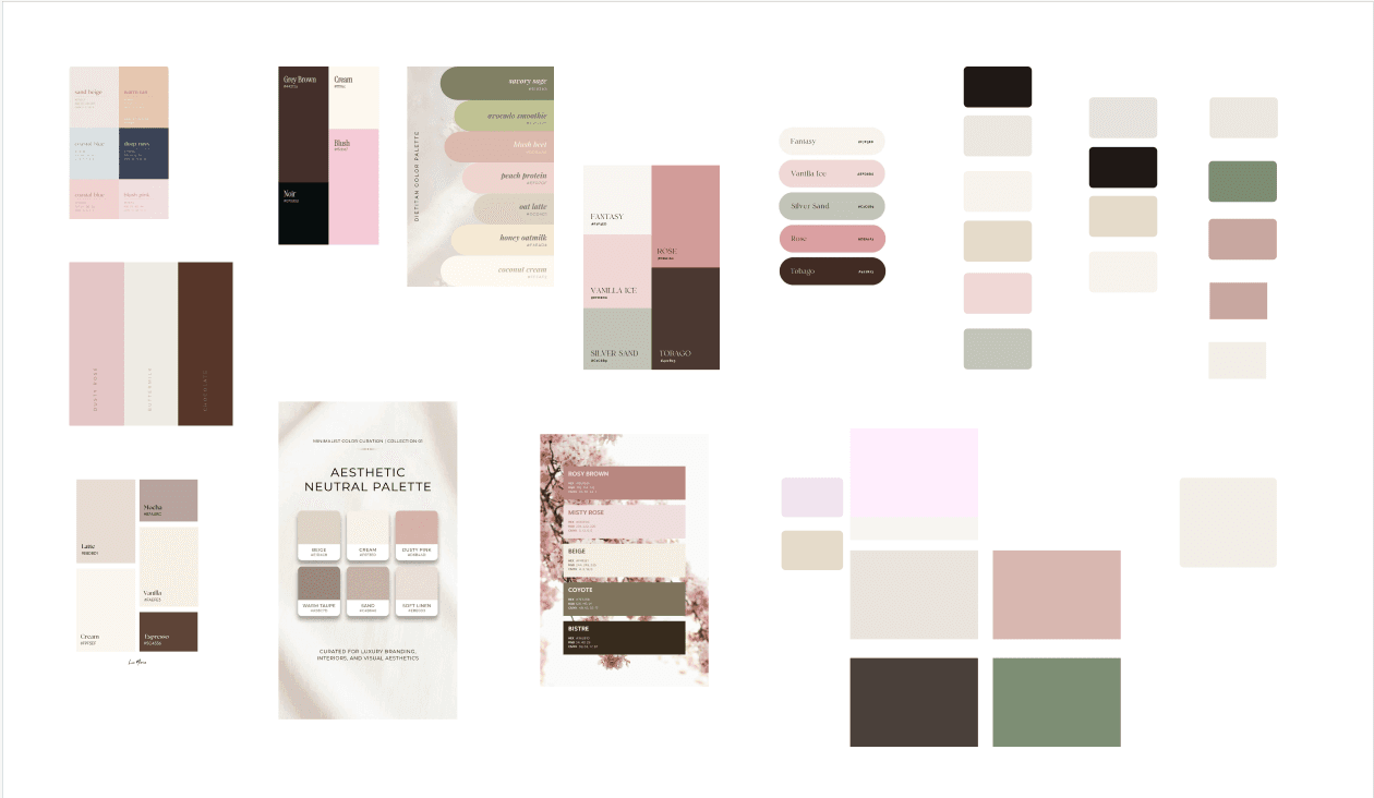 Moodboard of color and texture references for the brand