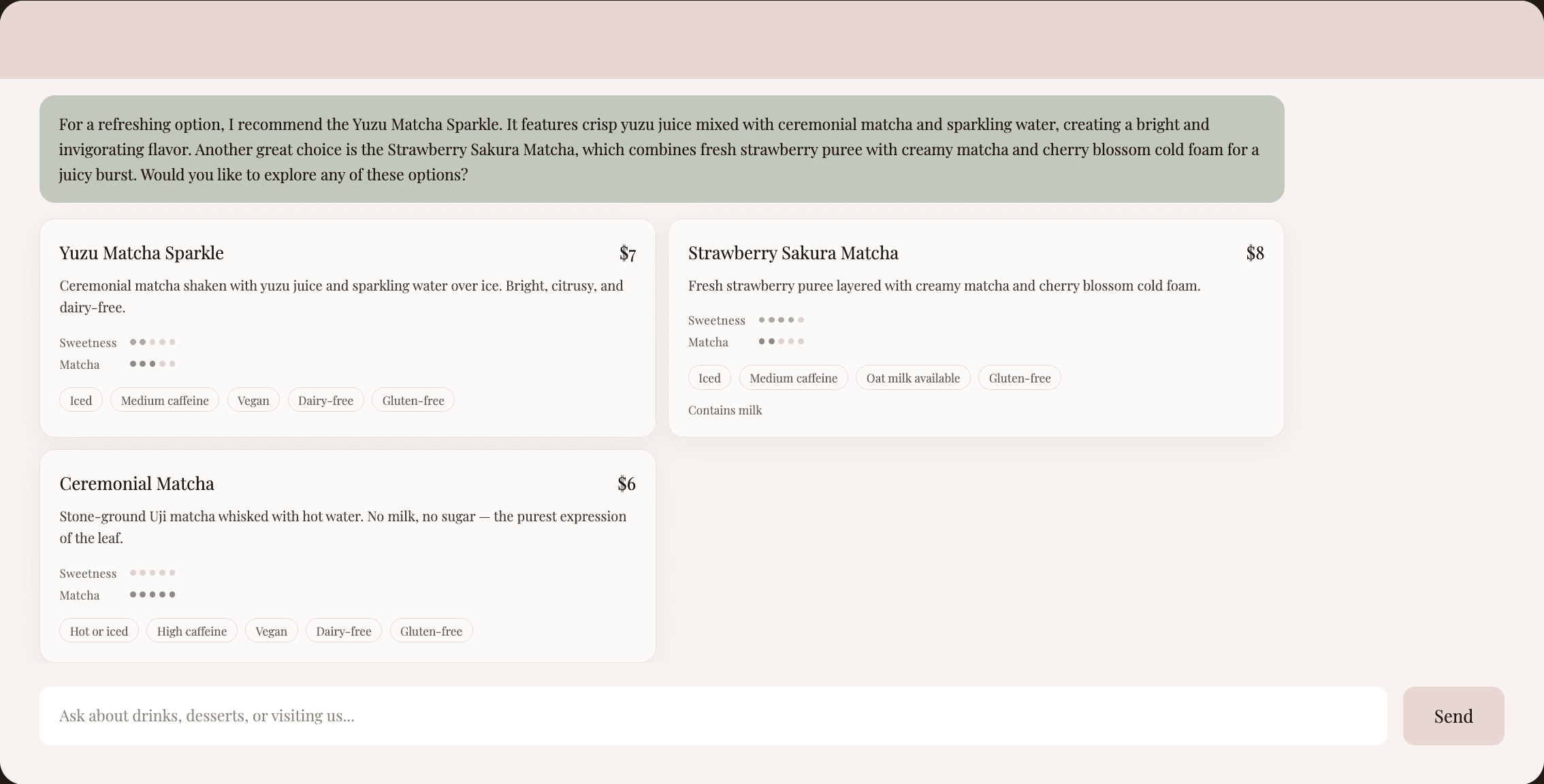 Recommended menu items shown as structured cards