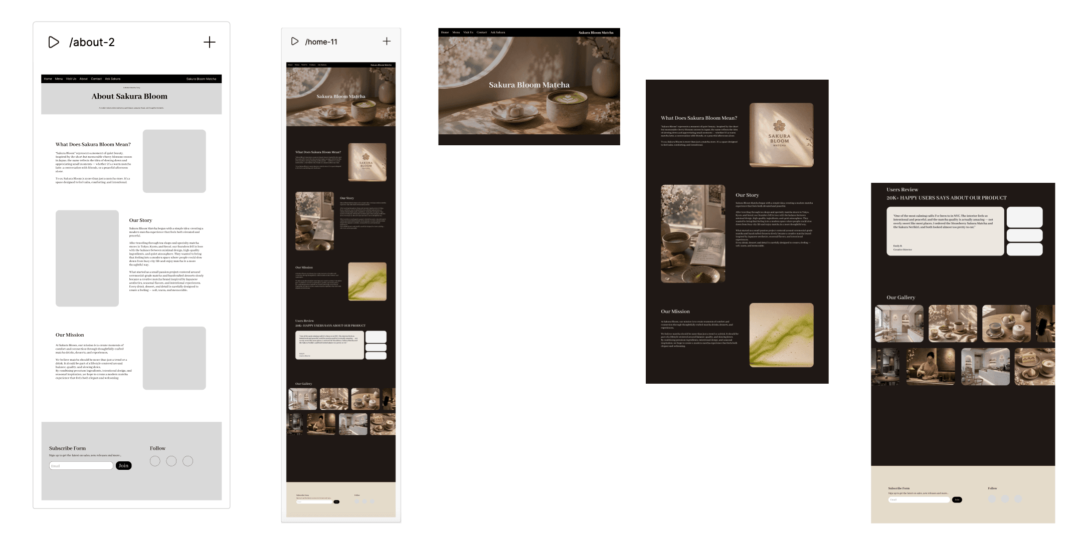 Wireframe of a separate About page next to the integrated homepage design