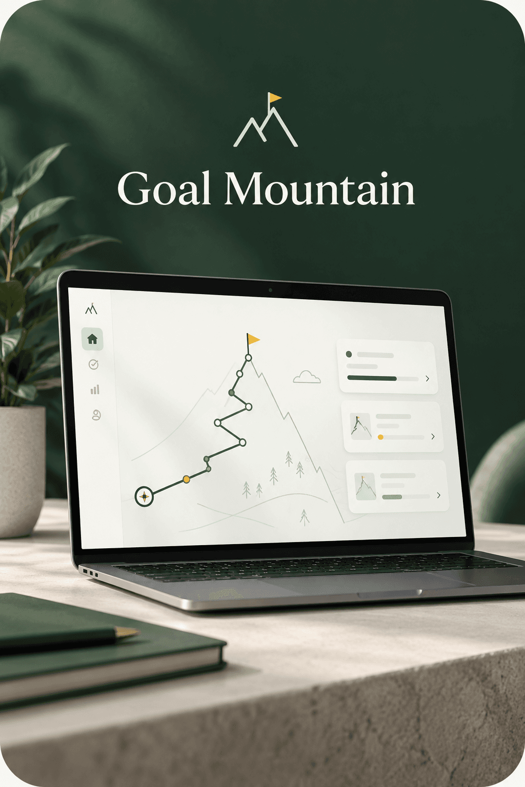 Goal Mountain web app on a laptop, showing a goal path up a mountain