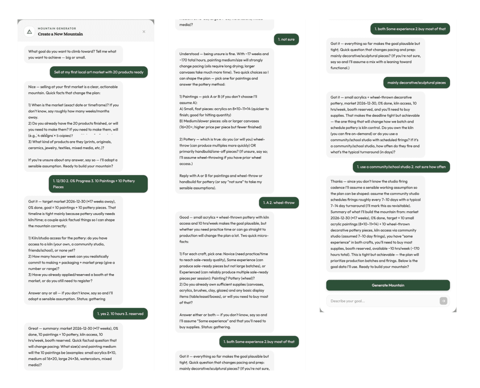 Early intake conversation with many follow-up questions