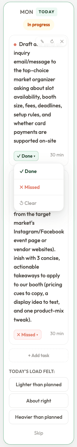 A single day in the weekly plan with its check-in controls