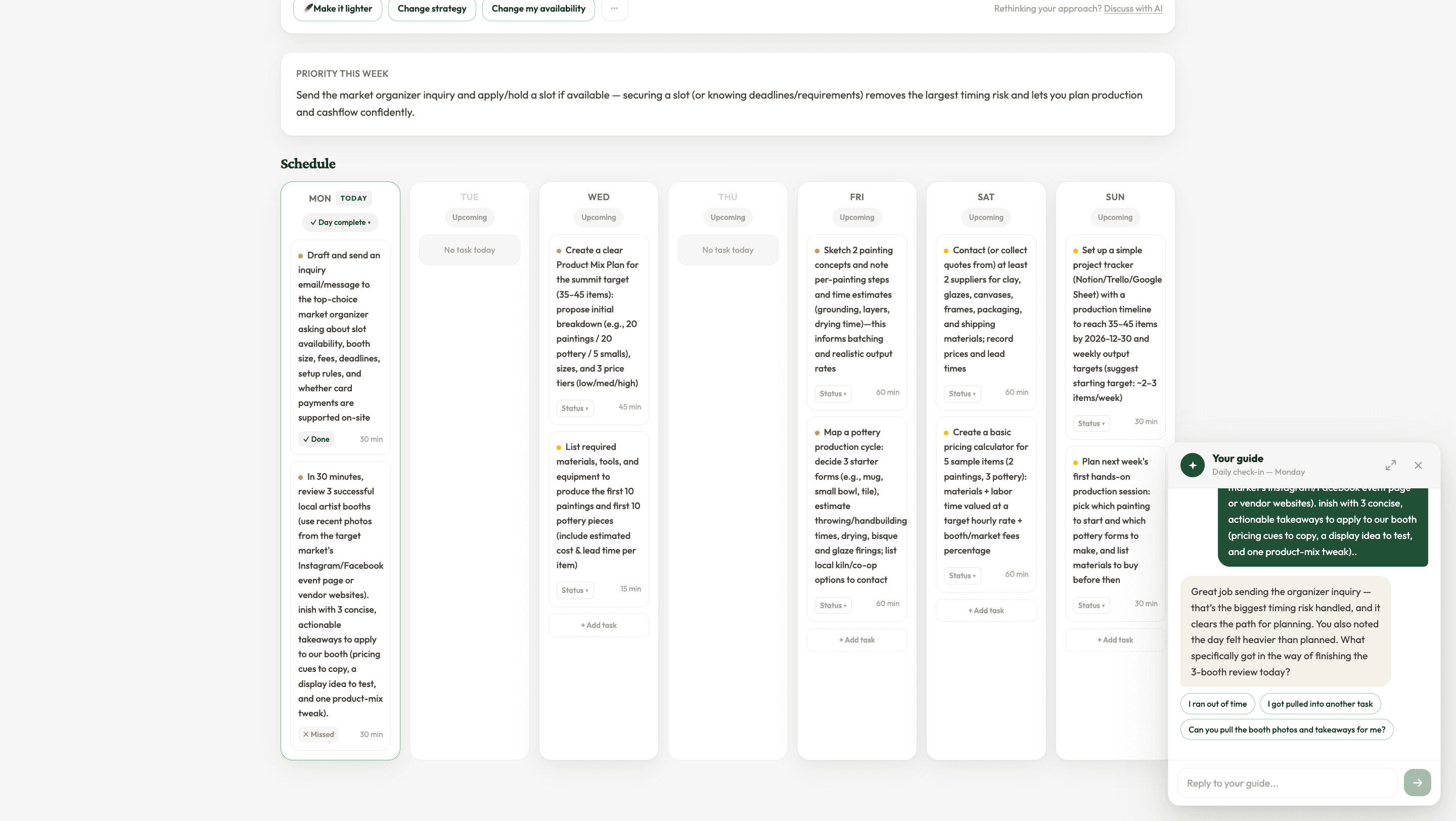 The active weekly plan alongside the AI Guide