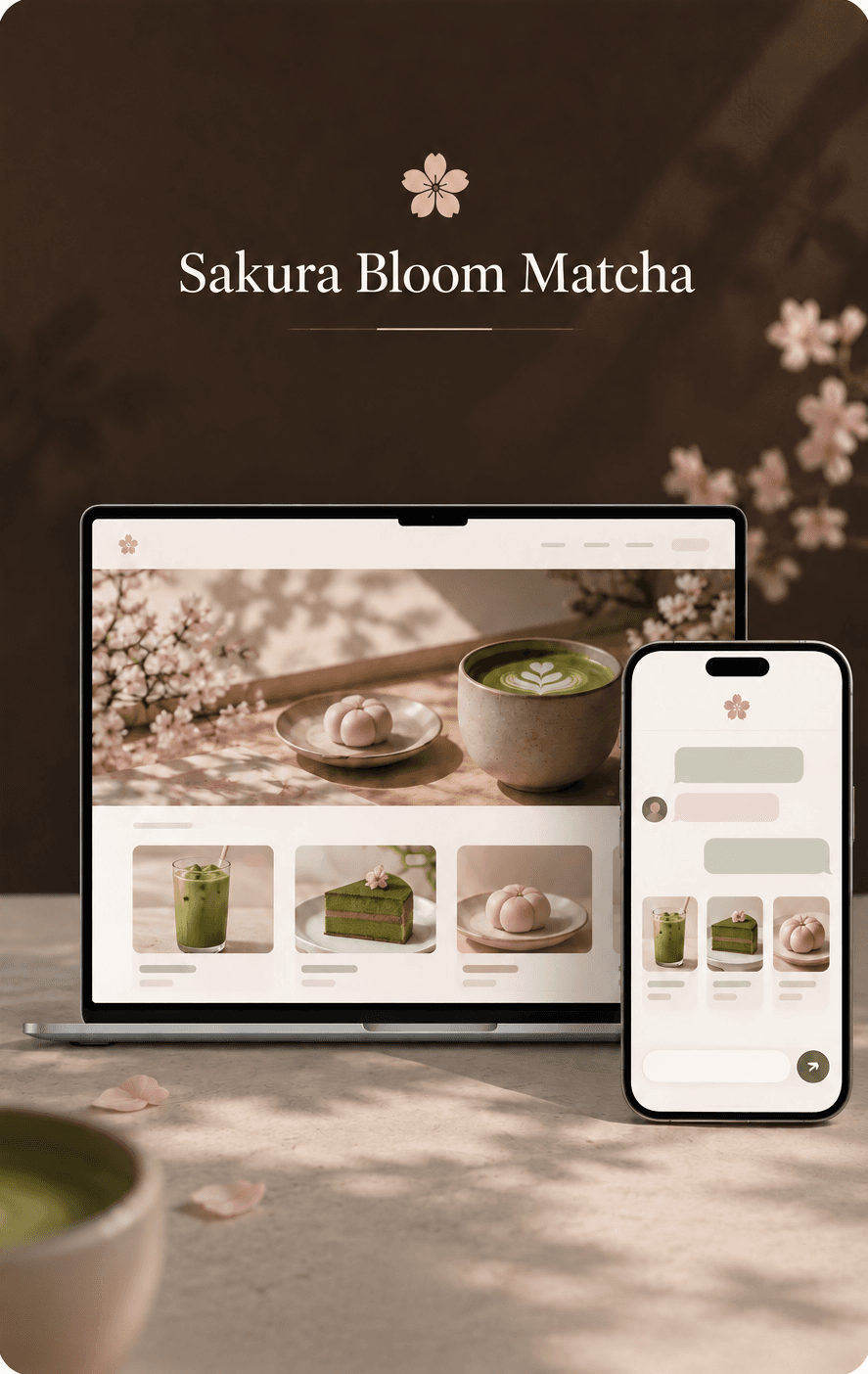 Sakura Matcha website on a laptop and phone, showing matcha drinks and desserts